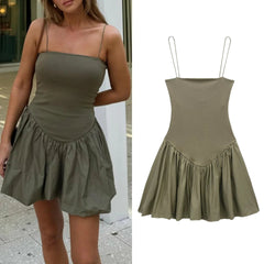 AIERTU - Vintage Casual Chic Solid Cami Short Draped Ball Gown Women's Summer Mini Beach Dress Fashion New Vestidos Aiertu