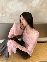 Aiertu Pink Tie Dye Mesh Tops Long Sleeve See Through T Shirt Women Clothes Y2k Grunge Aesthetic Spring Summer Tee Shirt Femme Aiertu