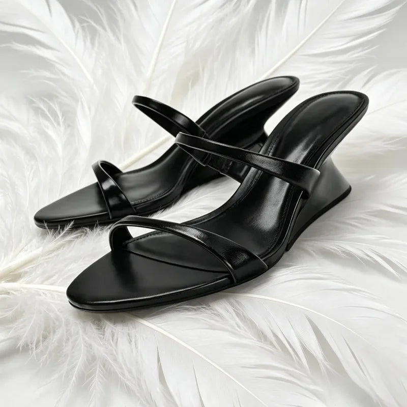 AIERTU - Summer Wedge Women's Sandals Leather Round Toe Mules Casual Balck Slides Concise Chunky Heel Women Slippers Sandalias De Mujer Aiertu