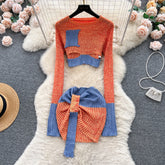 Aiertu Autumn Patchwork Knitted Two Pieces Sets Long Sleeves Hollow Out Slim Pullover+Mini Skirt Fashion Y2K Sweater Suits Aiertu