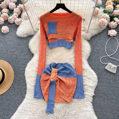 Aiertu Autumn Patchwork Knitted Two Pieces Sets Long Sleeves Hollow Out Slim Pullover+Mini Skirt Fashion Y2K Sweater Suits Aiertu