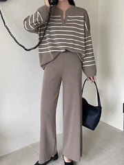 Aiertu FALL OUTFITS Women Casual Knit Two Piece Set Striped Long Sleeve Loose Pullover Sweater and Pants Fall Sets Office Winter Women Outfit Aiertu