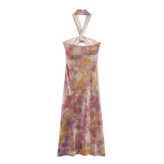 Summer New Product European And American Style Fashion Women's Clothing Sequin Knot Halter Collar Dress Long Skirt Aiertu