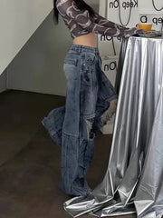 Aiertu Women's Knee Hole Design Dirty Blue Jeans Summer Cool Girl Wide-leg Denim Trousers Vintage Bottoms Female High Waisted Pants Aiertu