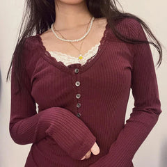 Aiertu FALL OUTFITS Y2K Button-up Knitted Top Red New Year Christmas Coquette Aesthetic Slim-fit T-shirts Sweet Cute Knitwear Festival Tees Aiertu