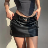 Aiertu Sexy PU Leather Mini Skirt Women Summer High Waist Slim A-line Skirt Female Y2K Vintage All-match Casual Black Aiertu