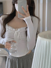 Aiertu 2024 Summer Lace Y2k Basic Crop Tops Women Pure Color Slim Korean T-shirt Fashion Office Lady Casual Clothing Female Design Sexy Aiertu