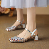 Aiertu Split Leather Women Sandals Round Toe Chunky Heel Summer Women Shoes Narrow Band Shoes for Women Handmade Shoes Aiertu
