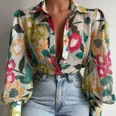 Fashion Lapel Lantern Sleeve Blouses 2024 Spring Office Lady Vintage Floral Print Shirts Tops Button Up Long Sleeve Shirt Aiertu
