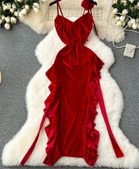 Aiertu DRESS TO IMPRESS French Retro Velvet Dress Ladies Spaghetti Strap Sleeveless 3D Flowers Split Red Evening Party Sexy Dresses aiertu