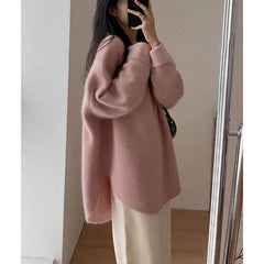 Aiertu Spring Women New Korean Sweater Loose Knitting Warm Round Neck Falling Shoulder Sleeves Long Sleeved Solid Color All-match Tops Aiertu