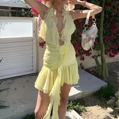 Aiertu Y2K Ruffles Strap 3D Flower Decro Bodycon Dress Sexy Low Cut Chest Wrap Backless Halter Dress Women Club Party Night Vestidos Aiertu