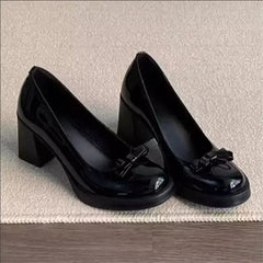 AIERTU - Vintage Bow Shallow Single Shoes Women Slip-On High Heels Block Heel Versatile Commuter Mary Jane Shoes Aiertu