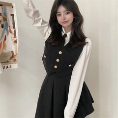Spring Autumn Preppy Style Tie Vest Black Suit Women's 4-Piece Set Korean American Hot Girls Online Celebrities JK Uniform Set Aiertu