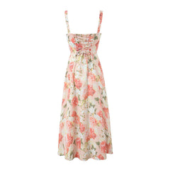 Aiertu 2024 Elegant Women Sexy Front Slit Floral Print Sling Midi Dress Lace Up Bandage Back Female Summer Dresses Holiday Robe Aiertu