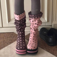 AIERTU - Chocolate Pink Polka Dot Thick Soled Pleated Middle Tube Pile Boots Cute Sweet Girl's Short Boots Women Shoes Aiertu