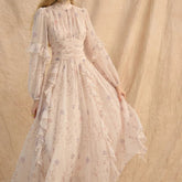 AIERTU - Women Long Sleeved Dress A-line Floral Print Pattern Pleated Semi High Neck Elastic Bubble Sleeves Ruffle Edge Design Long Dress Aiertu