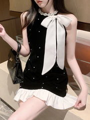 Elegant Dresses Women Sweet Fashion Bow Halter Beaded Vintage French Style Chic Sexy Mini Dress Patchwork Female Aiertu