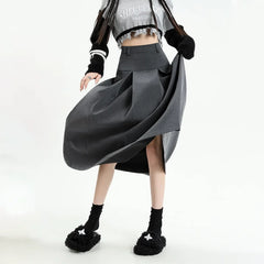 Aiertu Vintage Grey Suit A-line Skirt Women's Spring Autumn College Style High Waist Pleated Mid Length Skirt Femal aiertu