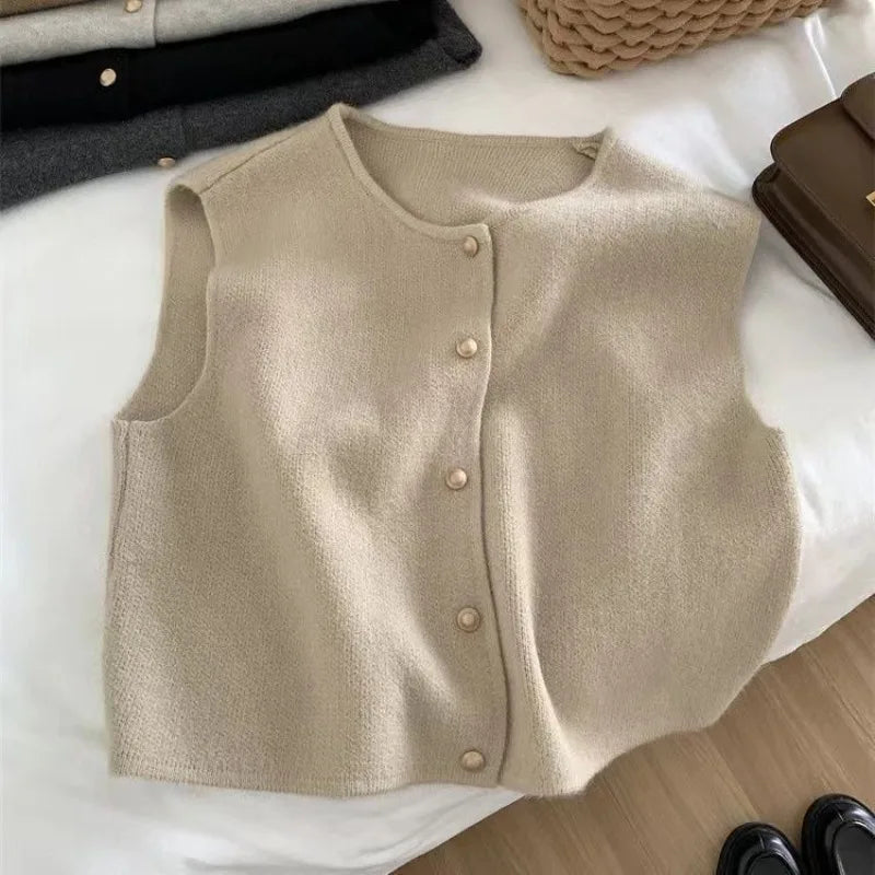Spring Autumn Women's Solid Button V-Neck Sleeveless Sweater Knitted Cardigan Vest Coats Casual Fashion Office Lady Elegant Tops Aiertu