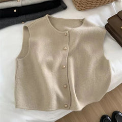 Aiertu Spring Autumn Women's Solid Button V-Neck Sleeveless Sweater Knitted Cardigan Vest Coats Casual Fashion Office Lady Elegant Tops Aiertu