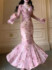 Aiertu Spring Summer Women Bodycon Slim Print Long Dress Vintage Chic Elegant Fishtail Party Birthday Prom Robe Female Vestidos New Aiertu