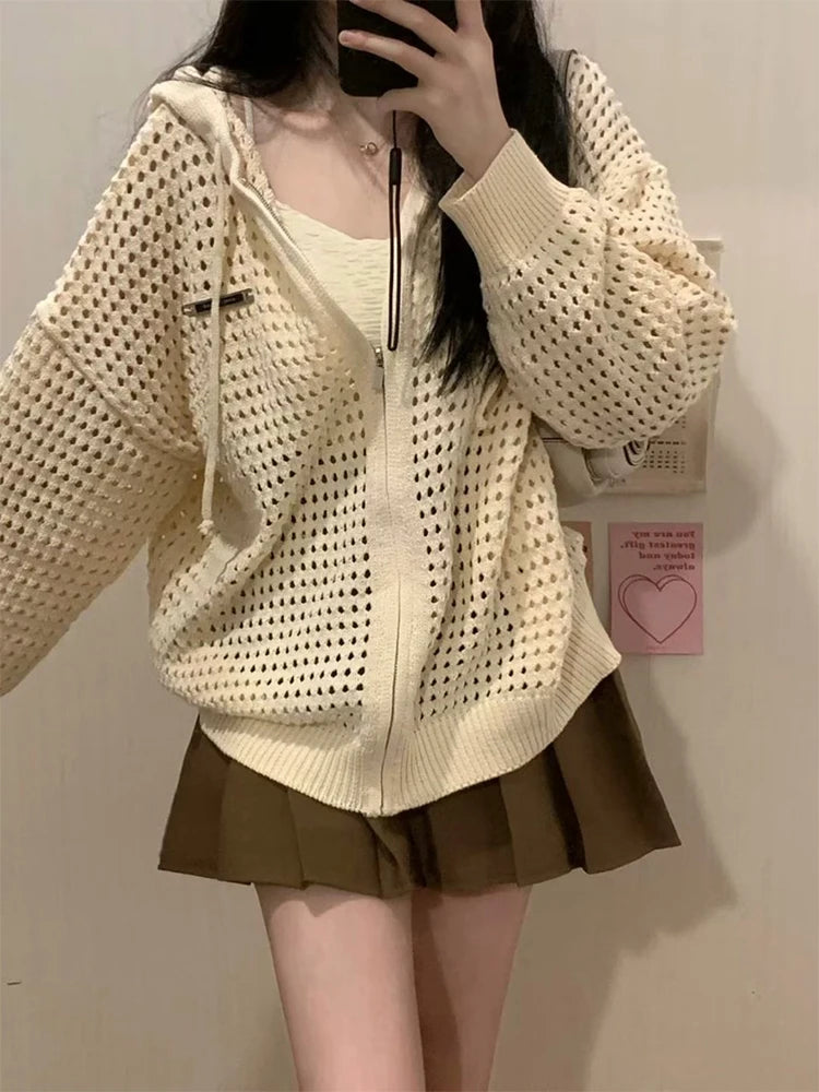 Aiertu Vintage Knit Mesh Coat for Women Hole Hooded Cardigan Long Sleeve Tee Male Casual Autumn Japanese Streetwear Hip Hop Aiertu