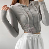Aiertu Thin Hooded Cardigan Women Korean Vintage Slim Summer Solid Sports Jacket Vertical Pit Stripe Zipper Female Sexy Cropped Tops Aiertu