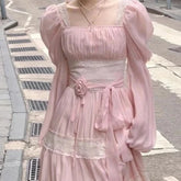 Aiertu - Regency Era Rose Millefuille Tartlette and Lace Pink Dress Kawaii Academia Y2K Cottagecore Coquette Fairycore Dollette Princesscore Aiertu