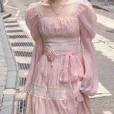 Aiertu - Regency Era Rose Millefuille Tartlette and Lace Pink Dress Kawaii Academia Y2K Cottagecore Coquette Fairycore Dollette Princesscore Aiertu
