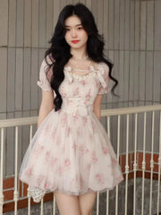 Aiertu Summer Women Floral Fairy Mini Dress Slash Neck Puff Sleeve Embroidery Flower Mesh Dress French Romantic Feminine Dress Aiertu