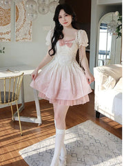 Aiertu Bubble Sleeve Kawaii Lolita Mini Dress Women Pink Bow Princess Sweet Party Cute Dress A-Line Elegant Fairy Dress 2024 Spring New Aiertu