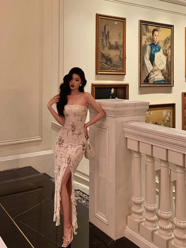 Aiertu - Classy Sheath Strapless Floral Ivory Long Prom Dresses Birthday Outfits Evening Gown HOT1001 Aiertu