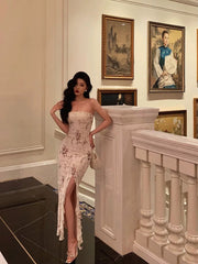 Aiertu - Classy Sheath Strapless Floral Ivory Long Prom Dresses Birthday Outfits Evening Gown HOT1001 Aiertu
