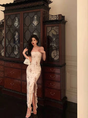 Aiertu - Classy Sheath Strapless Floral Ivory Long Prom Dresses Birthday Outfits Evening Gown HOT1001 Aiertu