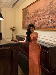 Aiertu - Classy A line V neckline Orange Chiffon Long Prom Dresses Birthday Outfits Evening Gown HOT1011 Aiertu