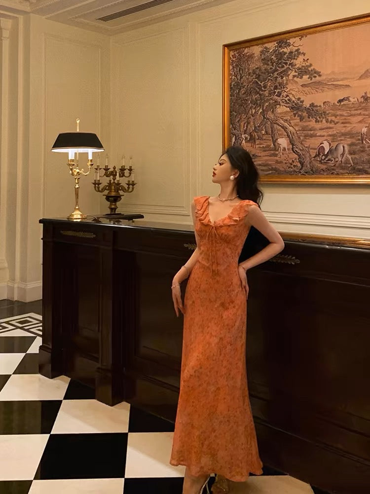Aiertu - Classy A line V neckline Orange Chiffon Long Prom Dresses Birthday Outfits Evening Gown HOT1011 Aiertu