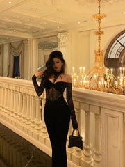 Aiertu Sexy French Sheath Off The Shoulder Black Lace Prom Dresses Birthday Outfits Evening Gown HOT1056 Aiertu