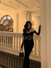 Aiertu Sexy French Sheath Off The Shoulder Black Lace Prom Dresses Birthday Outfits Evening Gown HOT1056 Aiertu