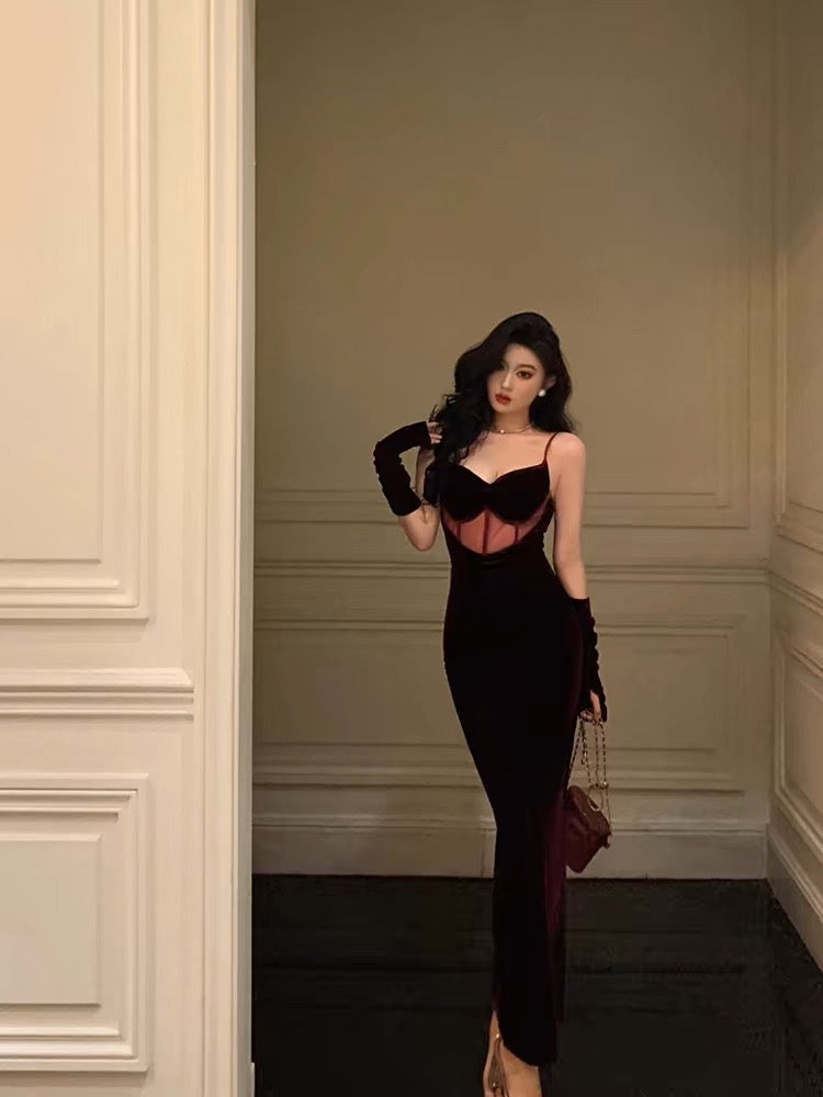 Aiertu - Gorgeous Mermaid Spaghetti Straps Date Night Dress Burgundy Velvet Long Prom Dresses Birthday Outfits HOT1088 Aiertu