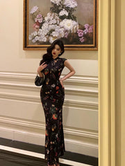 Aiertu - Gorgeous Sheath High Neckline Black Floral Date Night Dress Long Prom Dresses Birthday Outfits HOT1089 Aiertu