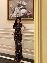 Aiertu - Gorgeous Sheath High Neckline Black Floral Date Night Dress Long Prom Dresses Birthday Outfits HOT1089 Aiertu