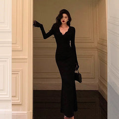 Aiertu - Classy Mermaid V Neckline Long Sleeves Black Prom Dresses Birthday Outfits HOT1133 Aiertu