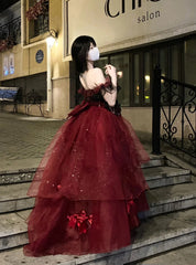 Aiertu Sexy Ball Gown Strapless Burgundy Tulle Birthday Dresses Night Party Dress HOT1159 Aiertu