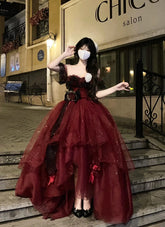 Aiertu Sexy Ball Gown Strapless Burgundy Tulle Birthday Dresses Night Party Dress HOT1159 Aiertu