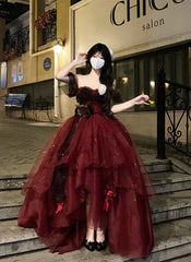 Aiertu Sexy Ball Gown Strapless Burgundy Tulle Birthday Dresses Night Party Dress HOT1159 Aiertu