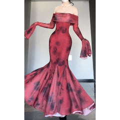 Aiertu Retro Mermaid Off The Shoulder Floral Red Long Sleeves Party Dresses Birthday Outfits HOT1172 Aiertu
