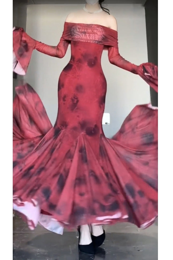 Aiertu Retro Mermaid Off The Shoulder Floral Red Long Sleeves Party Dresses Birthday Outfits HOT1172 Aiertu