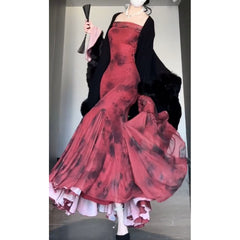 Aiertu Retro Mermaid Off The Shoulder Floral Red Long Sleeves Party Dresses Birthday Outfits HOT1172 Aiertu