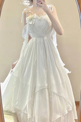 Aiertu Vintage A line Spaghetti Straps White Floral Long Birthday Dresses Prom Dress Chiffon Birthday Outfits HOT1208 Aiertu
